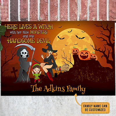 Personalized Here Lives A Witch With Her Little Monsters And One Handsome Devil Doormat - Halloween Welcome Mat