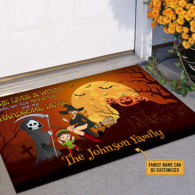 Alternative view of Personalized Here Lives A Witch With Her Little Monsters And One Handsome Devil Doormat - Halloween Welcome Mat