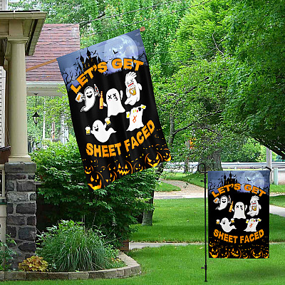 Alternative view of Let's Get Sheet Faced Halloween Drinking Drunk Ghost Outdoor Indoor Garden Flag - House Flag - Wall Flag