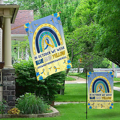 Alternative view of In October We Wear Blue And Yellow Down Syndrome Awareness Outdoor Indoor Garden Flag- House Flag - Wall Flag