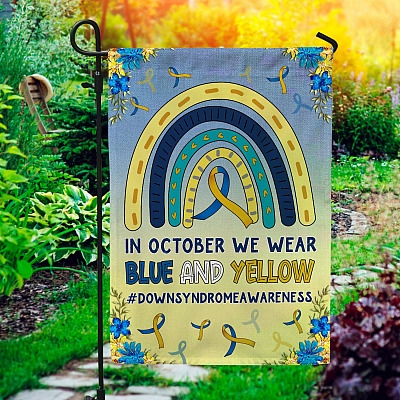 In October We Wear Blue And Yellow Down Syndrome Awareness Outdoor Indoor Garden Flag- House Flag - Wall Flag