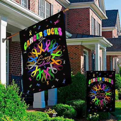 Alternative view of Cancer Sucks in Every Color Decorative Garden Flag - Indoor Outdoor Flag - House Flag