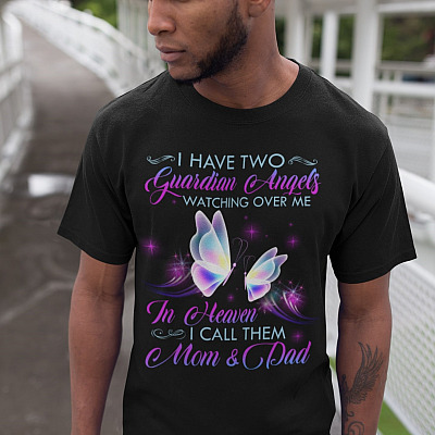 Alternative view of I Have Two Guardian Angels Watching Over Me In Heaven I Call Them Mom And Dad T-Shirt - Mom And Dad Memorial V-Neck