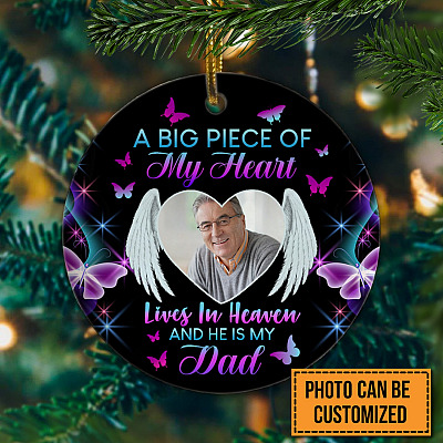 Alternative view of Personalized Photo My Dad A Big Piece Of My Heart Lives In Heaven Decorative Christmas Circle Ornament - Memorial Customized Ornament