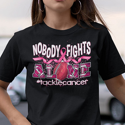 Alternative view of Nobody Fights Alone Tackle Cancer Football T-Shirt - Breast Cancer Football T-Shirt - Breast Cancer Football T-Shirt