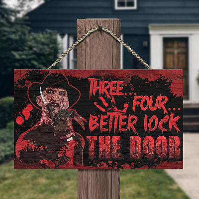 Alternative view of Three Four Better Lock The Door Halloween Freddy Krueger Wooden Door Sign - Indoor Outdoor Front Porch Sign