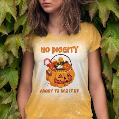 No Diggity About To Bag It Up Sublimation Bleached T-Shirt - Funny Halloween Pumpkin Bleached Shirt