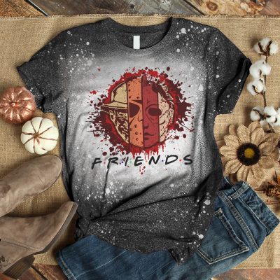 Alternative view of Scary Movie Characters Horror Halloween Sublimation Bleached T-Shirt - Horror Faces Friends Bleached Shirt