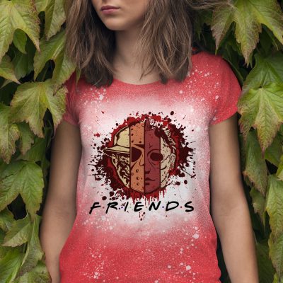 Scary Movie Characters Horror Halloween Sublimation Bleached T-Shirt - Horror Faces Friends Bleached Shirt