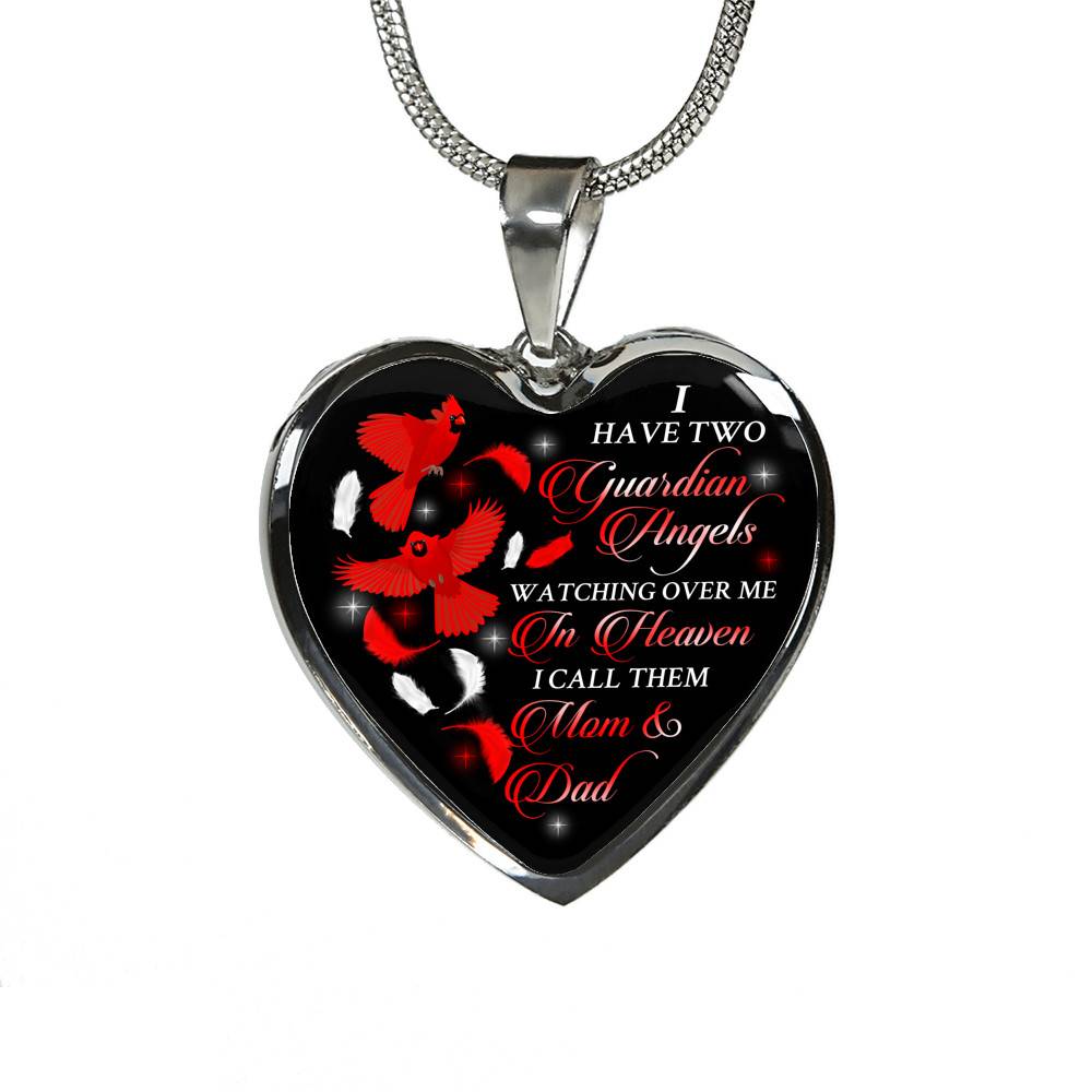 I Have Two Guardian Angels Watching Over Me In Heaven I Call Them Mom And Dad Cardinal Memorial Heart Pendant Necklace