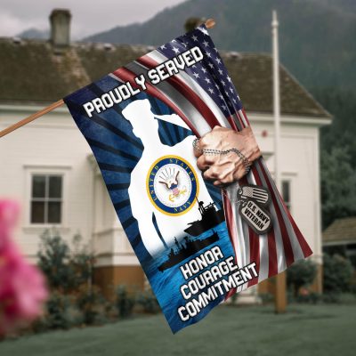 Proudly Served Honor Courage Commitment US Navy Veteran American Outdoor House Flag - Home Garden Flag