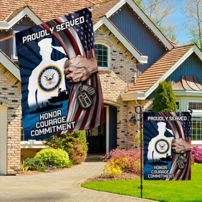 Alternative view of Proudly Served Honor Courage Commitment US Navy Veteran American Outdoor House Flag - Home Garden Flag