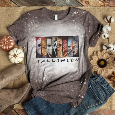 Halloween Friends Horror Movie Characters Sublimation Bleached T-shirt - Horror Friends Bleached Shirt