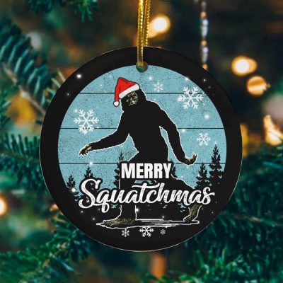Alternative view of Merry Squatchmas Bigfoot Decorative Christmas Ornament - Holiday Flat Circle Ornament