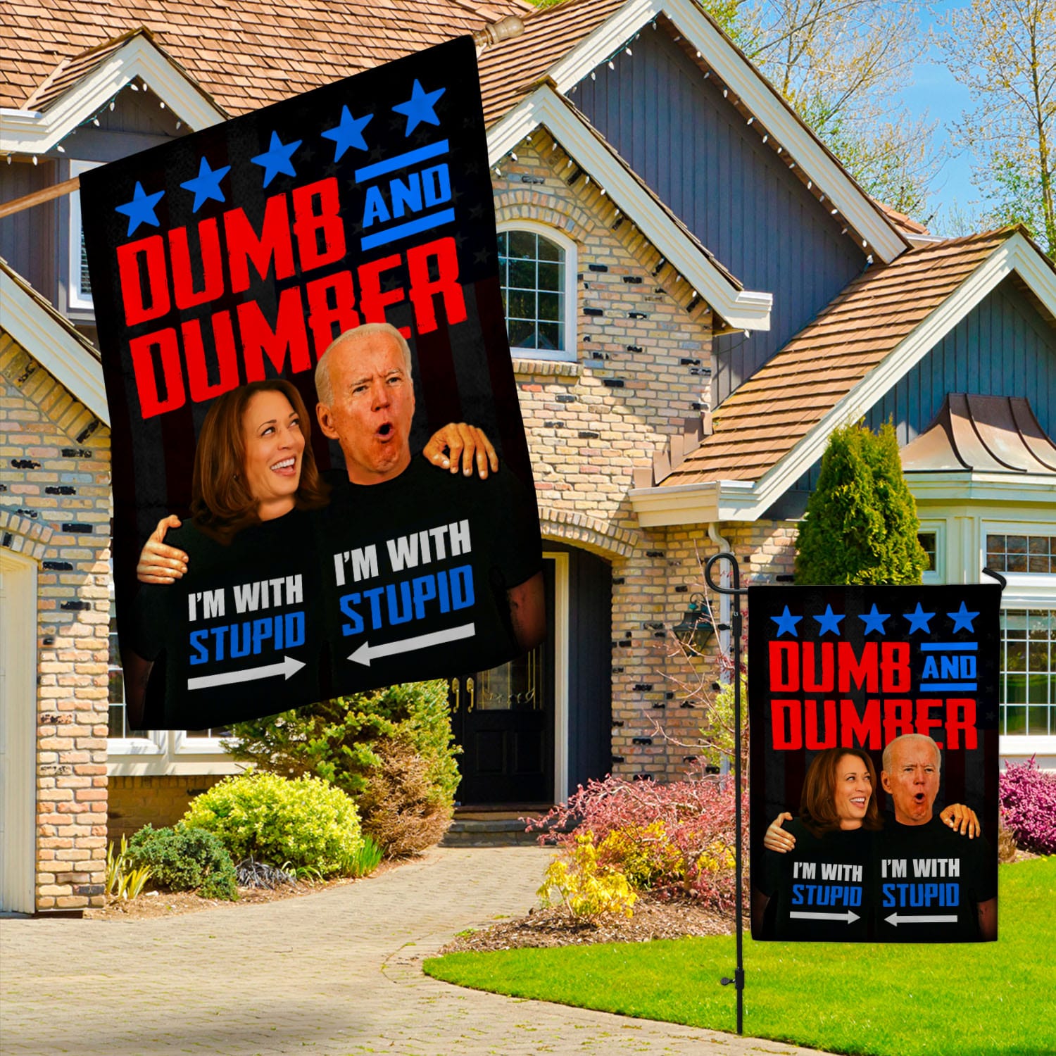 1VT. UU TIEN Dumb And Dumber Biden Harris flag Garden & House Mockup 3