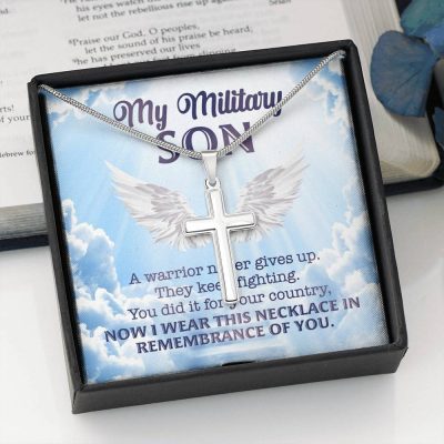 My Military Son a Warrior Never Give Up They Keep Fighting Artisan Crafted Cross Pendant Necklace Gifts