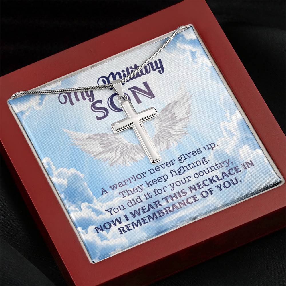 My Military Son a Warrior Never Give Up They Keep Fighting Artisan Crafted Cross Pendant Necklace Gifts
