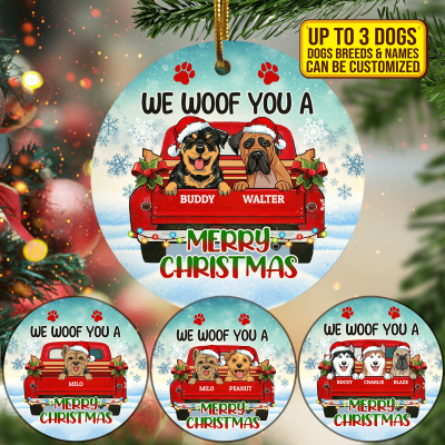 Personalized Dog Breeds Names Saying We Woof You A Merry Christmas Red Truck Decorative Ornament Keepsake - Customizable Christmas Ornament