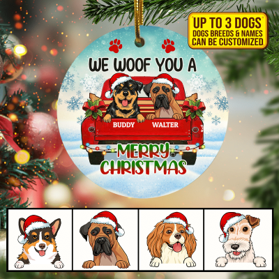 Alternative view of Personalized Dog Breeds Names Saying We Woof You A Merry Christmas Red Truck Decorative Ornament Keepsake - Customizable Christmas Ornament