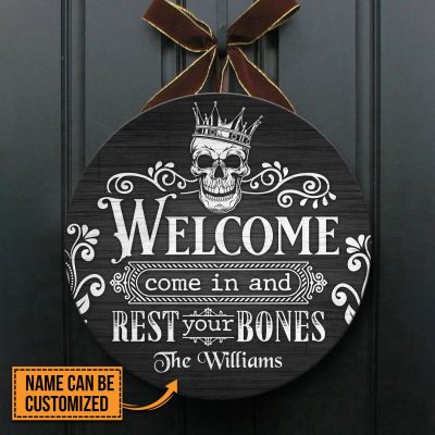 Alternative view of Personalized Family Name Welcome Sign Come In And Rest Your Bones Halloween Circle Wooden Door Sign