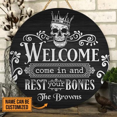 Personalized Family Name Welcome Sign Come In And Rest Your Bones Halloween Circle Wooden Door Sign