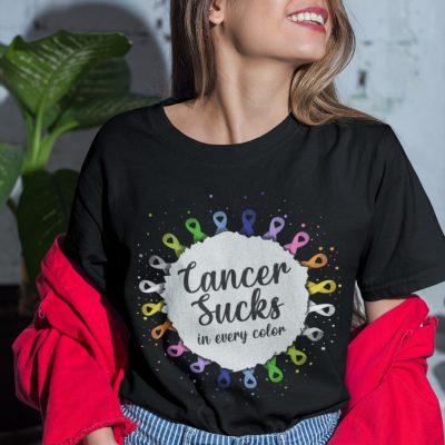 Alternative view of Cancer Sucks In Every Colour T-Shirt - Breast Cancer Awareness T-Shirt - Colorful Ribbon T-Shirt