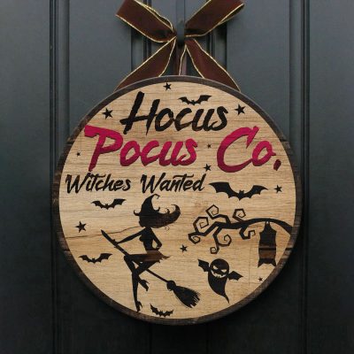 Alternative view of Witches Wanted Hocus Pocus Co. Halloween Circle Wooden Door Sign - Front Porch Sign Indoor Outdoor Decor