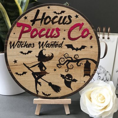 Witches Wanted Hocus Pocus Co. Halloween Circle Wooden Door Sign - Front Porch Sign Indoor Outdoor Decor
