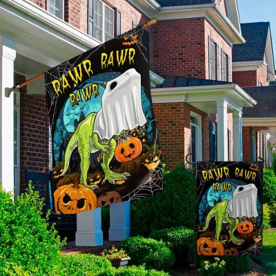 Alternative view of Rawr Rawr Rawr Trick Or Treat T-Rex Dinosaur Halloween Outdoor Indoor Garden Flag - House Flag - Wall Flag