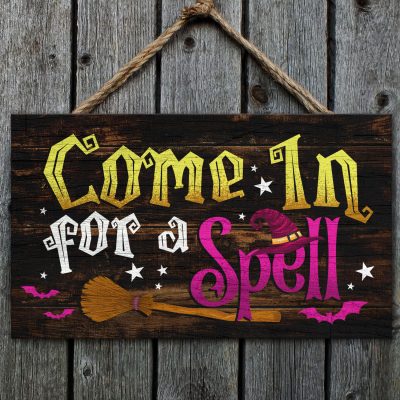 Come In For A Spell Halloween Rectangle Wooden Door Sign - Spooky Witch Front Porch Sign Indoor Outdoor Decor