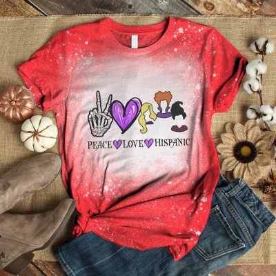 Alternative view of Peace Love Hispanic Sanderson Sisters Sublimation Bleached T-Shirt - Funny Hocus Pocus Bleach Shirt