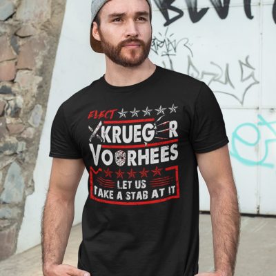 Alternative view of Elect Krueger Voorhees Let Us Take A Stab At It T-shirt - V-neck - Funny Halloween Krueger Voorhees 2024 Shirt