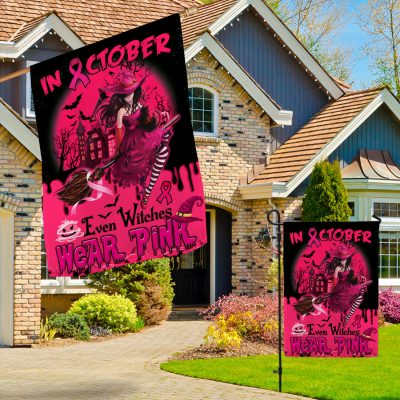 Alternative view of In October Even Witches Wear Pink Flag - Breast Cancer Awareness Pink Ribbon Garden Flag - House Flag