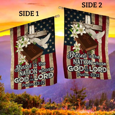 Alternative view of Blessed Is The Nation Whose God Is The Lord Christian Outdoor Indoor Garden Flag - House Flag - Wall Flag