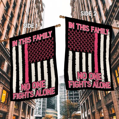 Alternative view of In This Family No One Fights Alone Breast Cancer American Flag Garden Flag - Pink Ribbon House Flag