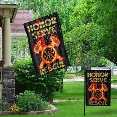 Alternative view of Honor Serve Rescue Firefighter American Outdoor House Flag - Proud Firefighter Red Line Home Garden Flag