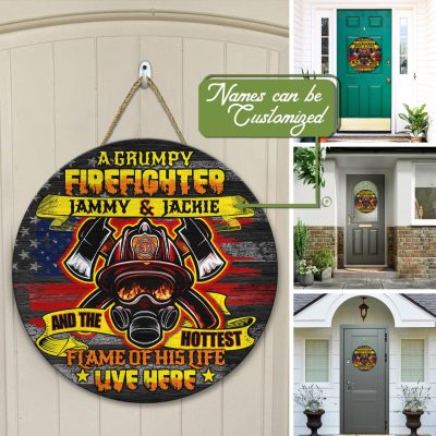 Alternative view of Personalized A Grumpy Firefighter And The Hottest Flame Of His Life Live Here Wooden Door Sign