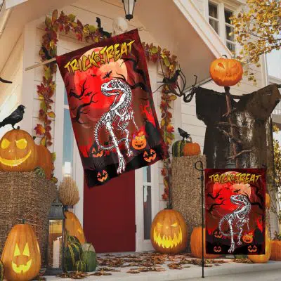 Alternative view of Dinosaur Skeleton Trick Or Treat T-Rex Halloween Outdoor Indoor Garden Flag - House Flag - Wall Flag