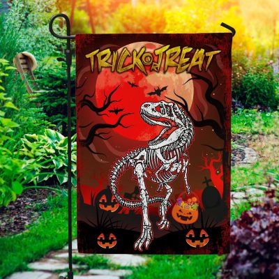 Dinosaur Skeleton Trick Or Treat T-Rex Halloween Outdoor Indoor Garden Flag - House Flag - Wall Flag