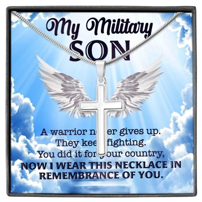 My Military Son a Warrior Never Give Up They Keep Fighting Artisan Crafted Cross Pendant Necklace Gifts