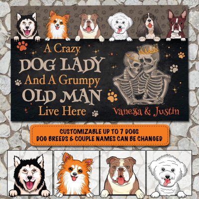 Alternative view of Personalized Dog Breeds Dog Mom Dad Couple Names Doormat Gift - A Crazy Dog Lady And A Grumpy Old Man Skull Couple Live Here Doormat