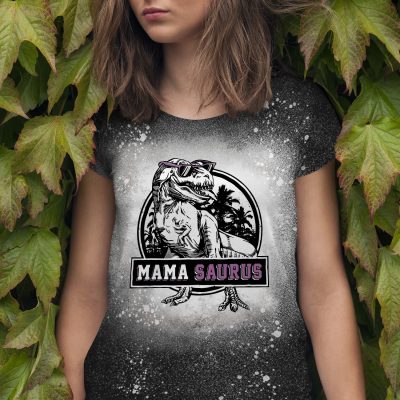 Mamasaurus Funny Dinosaur Sublimation Bleached T-Shirt - Funny Bleach Shirt For Mom