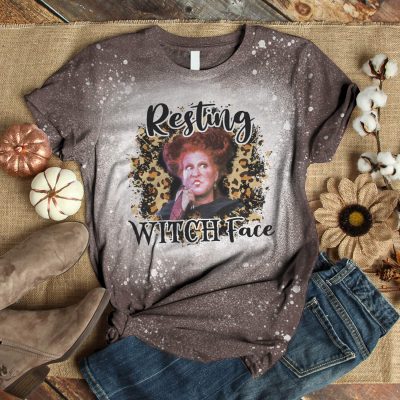 Alternative view of Resting Witch Face Hocus Pocus Sublimation Bleached T-Shirt - Halloween Sanderson Sisters Witches Bleached Tee