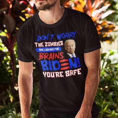 Alternative view of The Zombies Are Looking For Brains Biden You're Safe Funny Halloween Anti Biden T-Shirt - V-Neck Tee