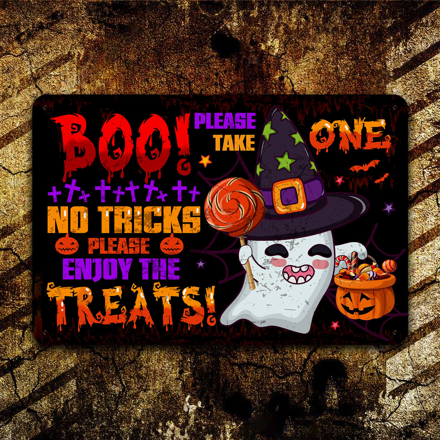 1TM. Boo No Tricks Enjoy Treats_metal Metal Sign Mockup 10