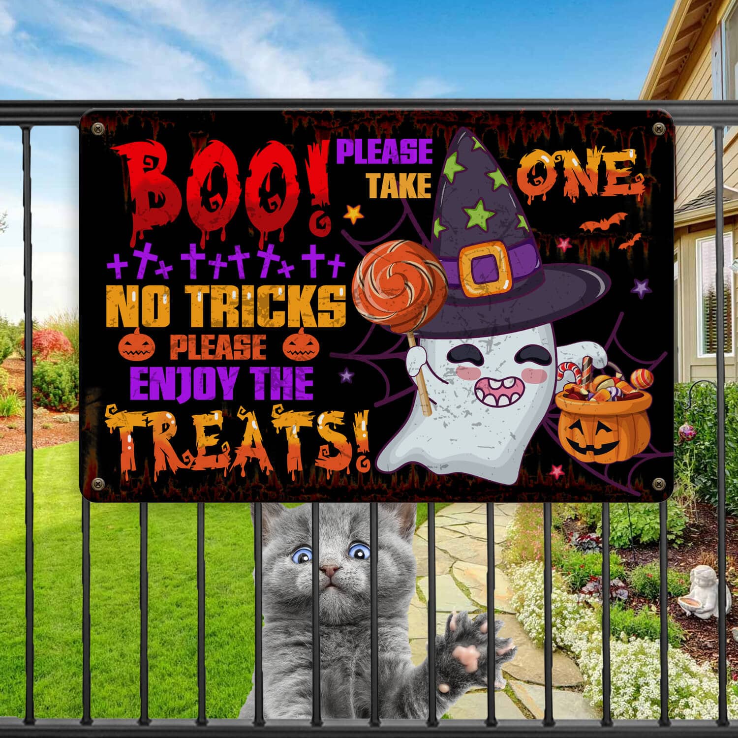 1TM. Boo No Tricks Enjoy Treats_metal Metal Sign Mockup 11