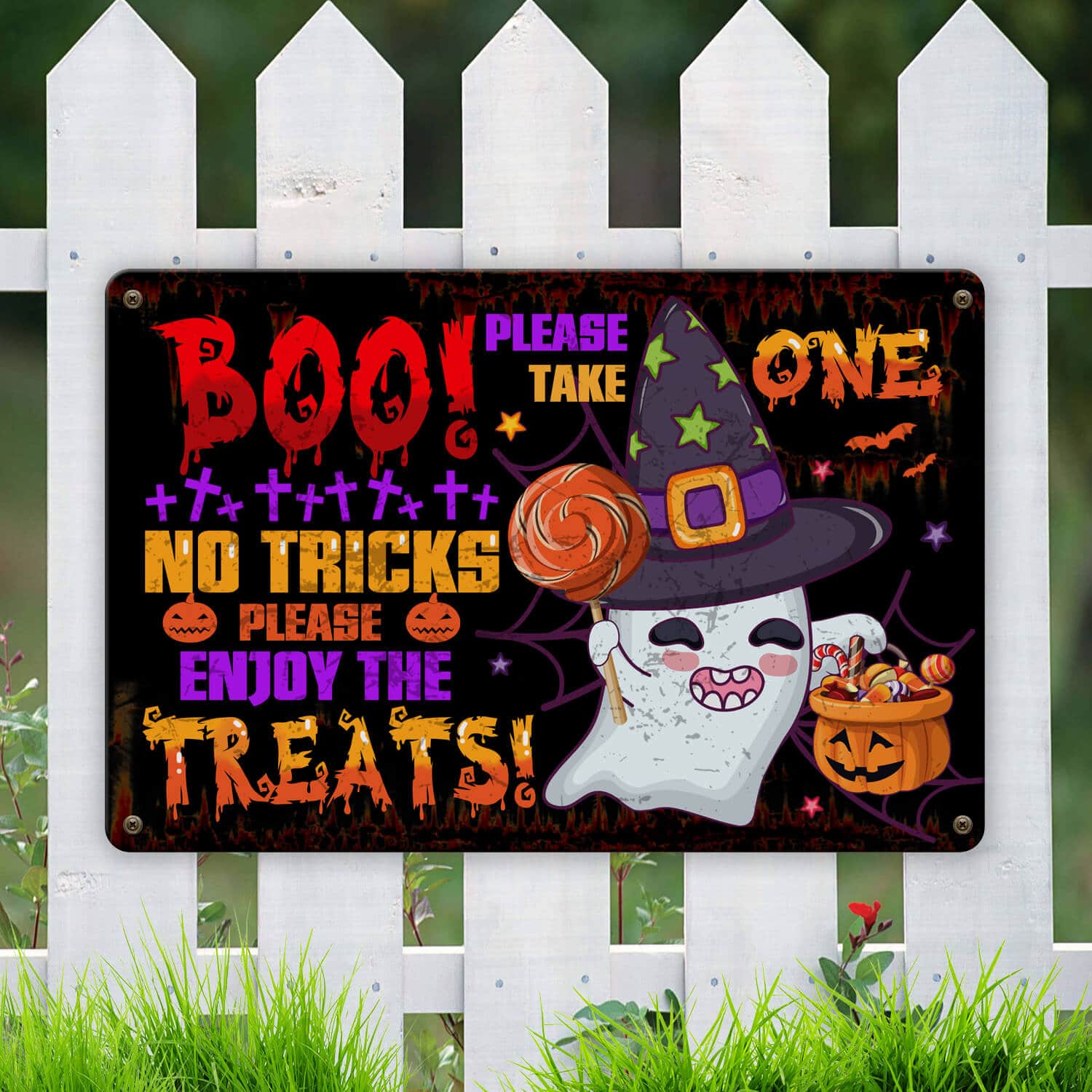 1TM. Boo No Tricks Enjoy Treats_metal Metal Sign Mockup 6