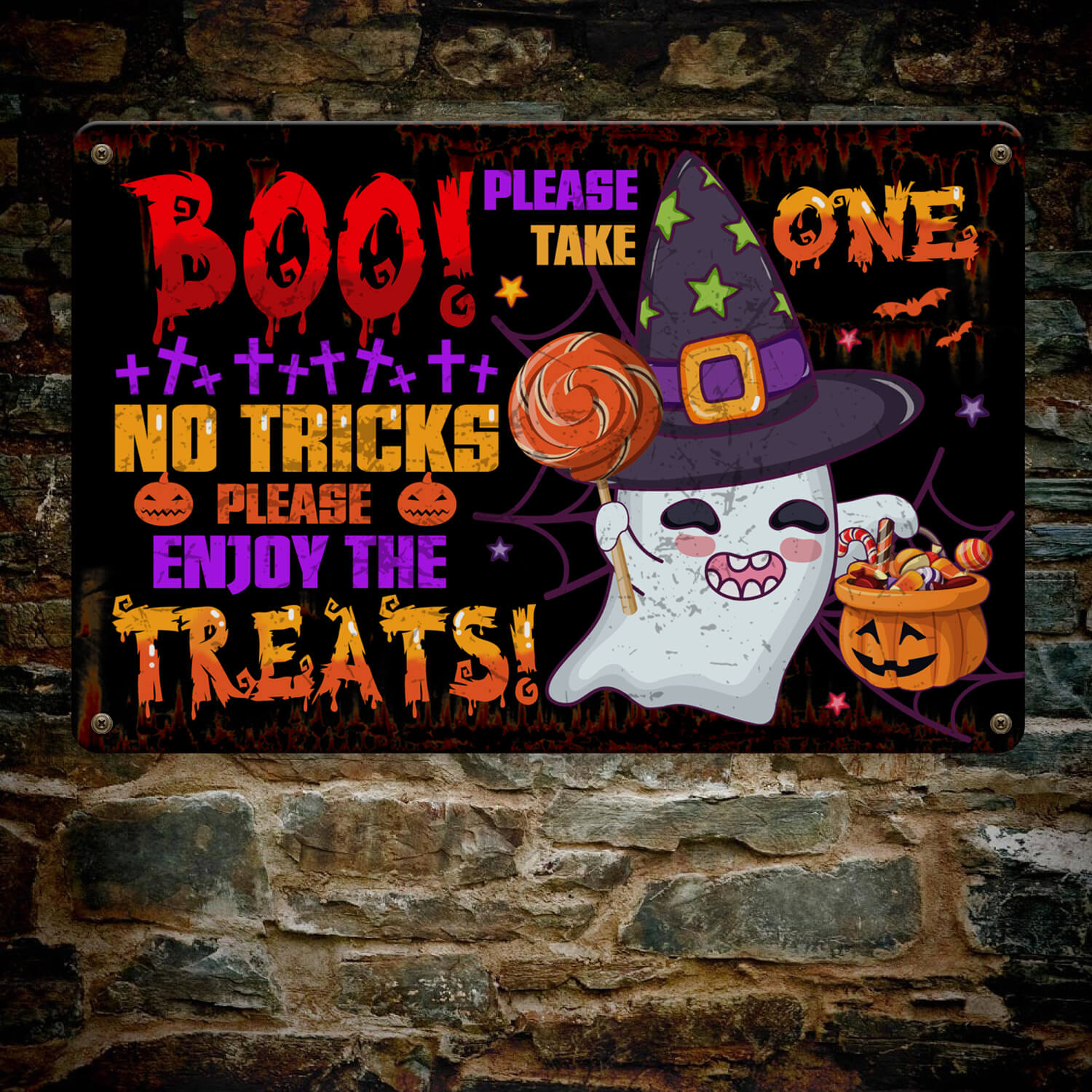 1TM. Boo No Tricks Enjoy Treats_metal Metal Sign Mockup 7