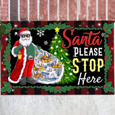 Funny Christmas Santa Please Stop Here Indoor Outdoor Doormat - Santa Stop Here Doormat