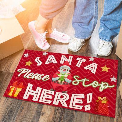 Santa Please Stop Here Doormat -  Merry Christmas Winter Decorative Welcome Mat